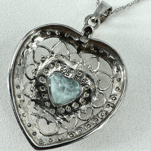 10K WG/925 Filigree Blue Topaz Heart Pendant Necklace - Picture 14 of 16